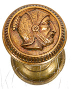 early 1880s original ornamental cast bronze figural "greek head" antique doorknob with knurled banded rim