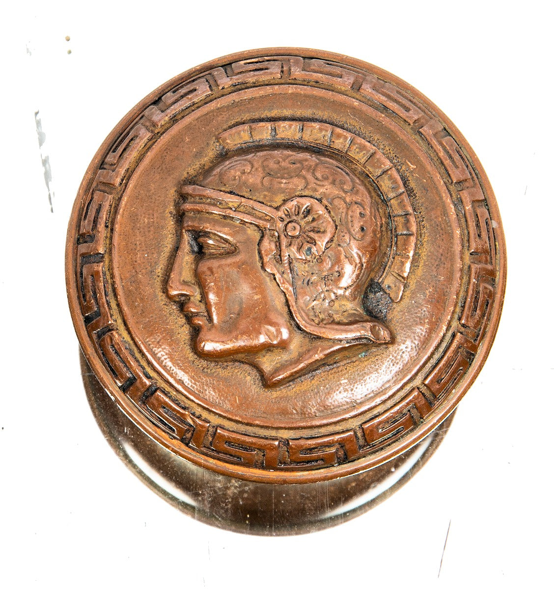 late 1870s antique american ornamental cast bronze roman or greek soldier doorknob with footed shank