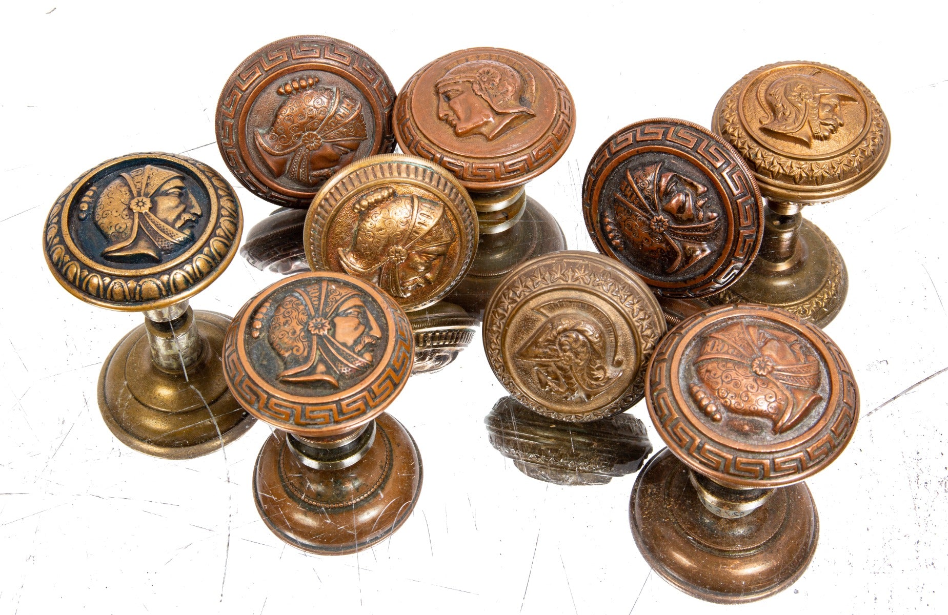 rare original 1880 ornamental cast bronze "greek head" soldier doorknob executed by the mallory wheeler company