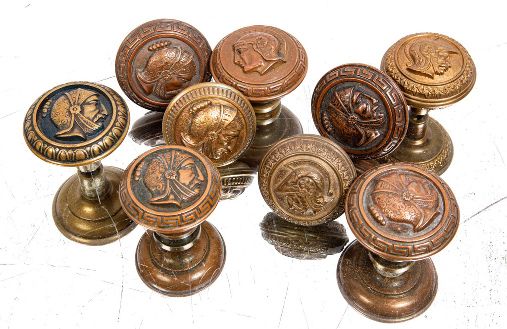 early 1880s original ornamental cast bronze figural "greek head" antique doorknob with knurled banded rim