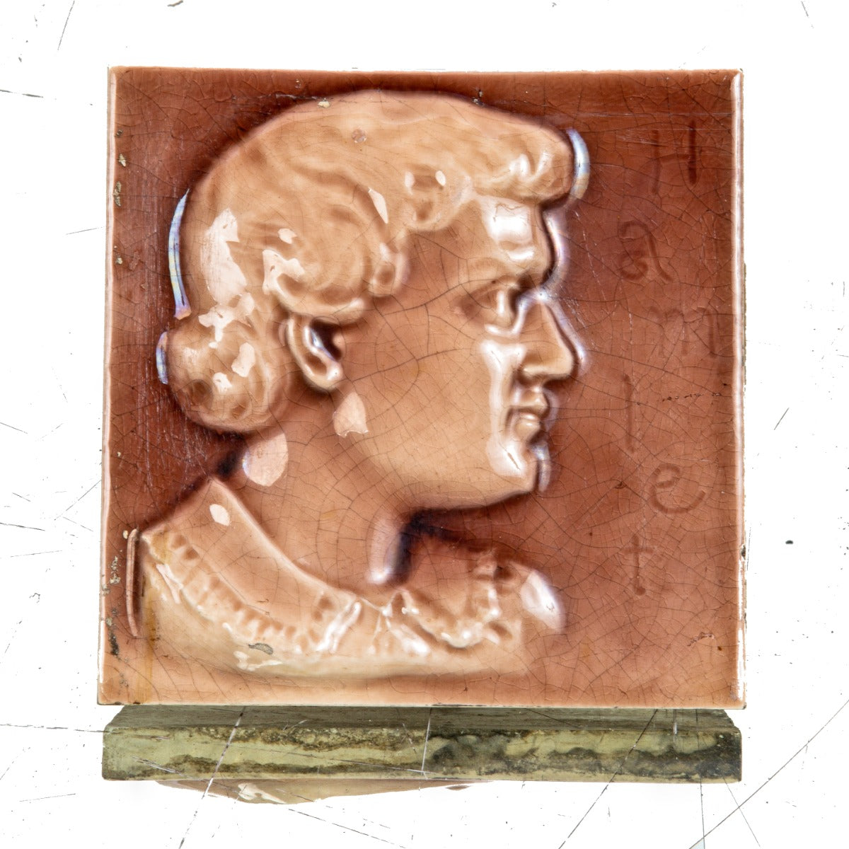 single 19th century salvaged chicago antique american victorian-era "hamlet" fireplace figural majolica tile