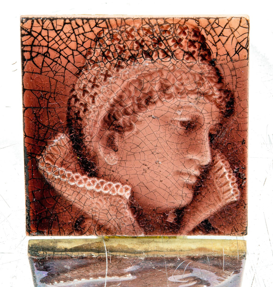 19th century antique american elizabethan dressed female figural fireplace portrait tile fabricated by trent tile company