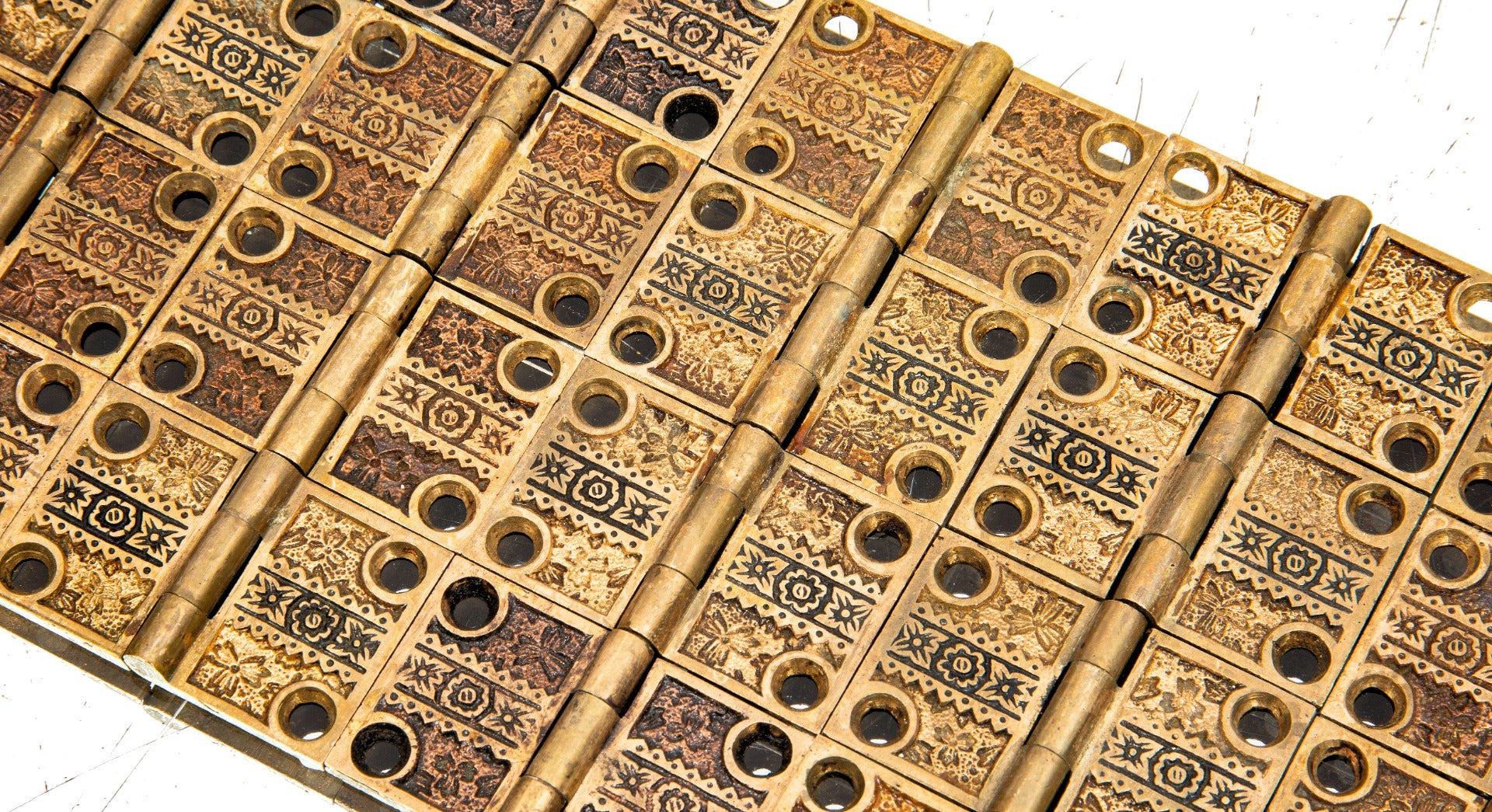 original hard to find matching 19th century ornamental cast brass "ivy" pattern eastlake style residential shutter hinges