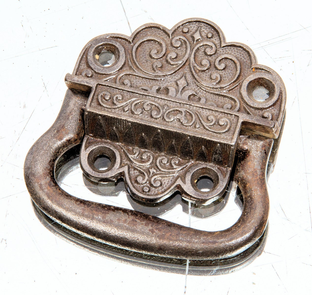 1870's refinished ornamental cast iron american victorian-era strong box or cabinet drop handle pull