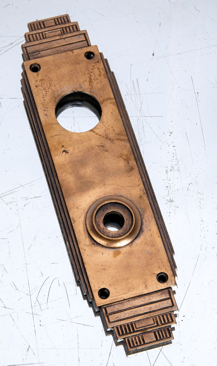 original salvaged chicago 1930s depression-era art deco "skyscraper style" cast bronze doorknob backplate