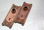 matching set of late 19th century romanesque style cast bronze salvaged chicago doorknob backplates by yale & towne mfg. co.