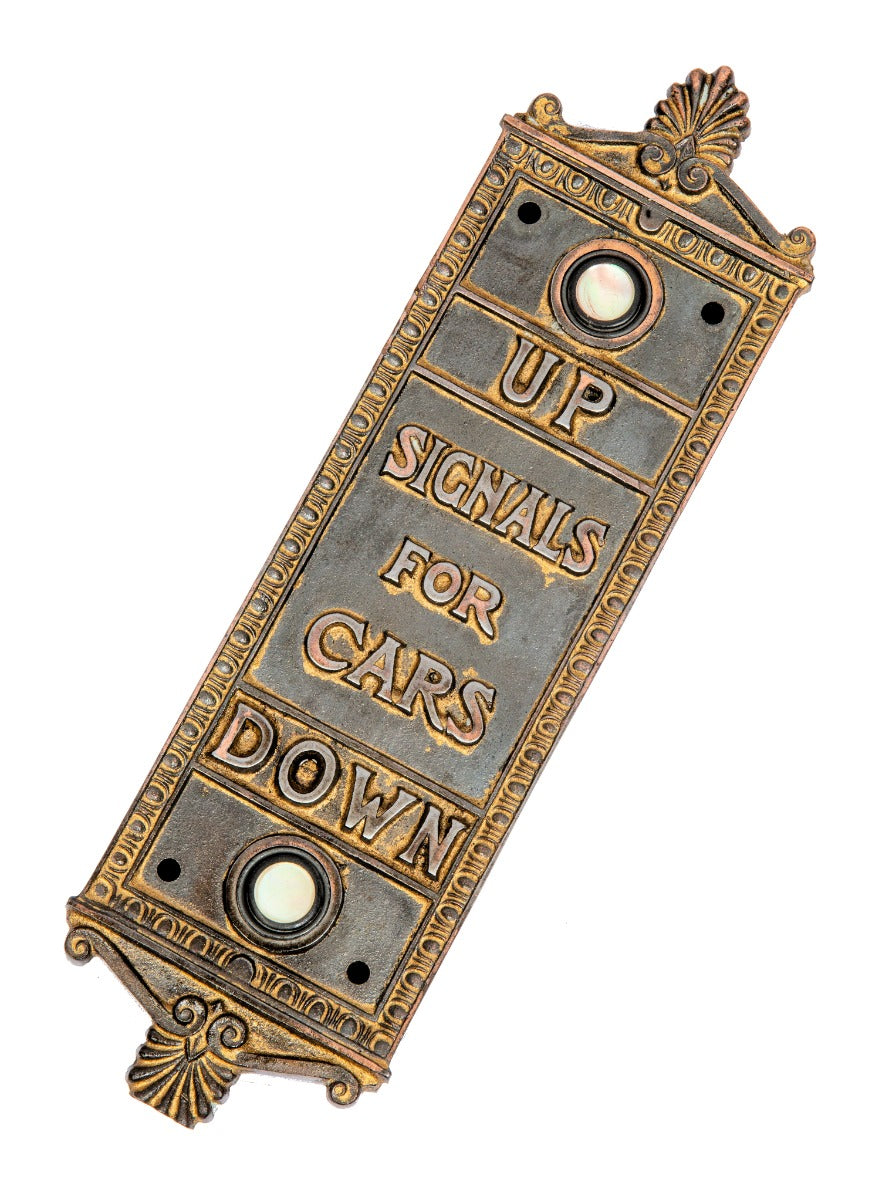 historically important 1892 betz building interior lobby cast iron elevator push button call box with traces of copper-plating