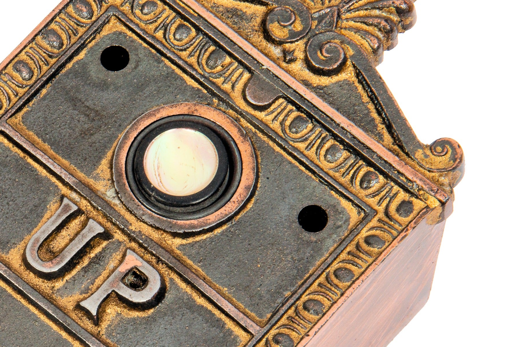 historically important 1892 betz building interior lobby cast iron elevator push button call box with traces of copper-plating