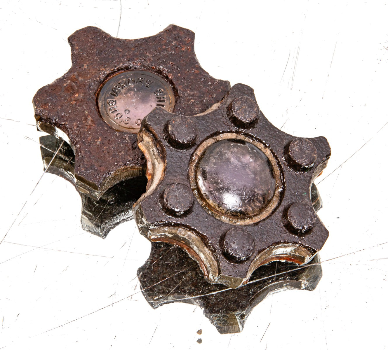 late 1870's american industrial city of chicago sidewalk cast iron vault lens panel fragment reconfigured into a paperweight or coaster