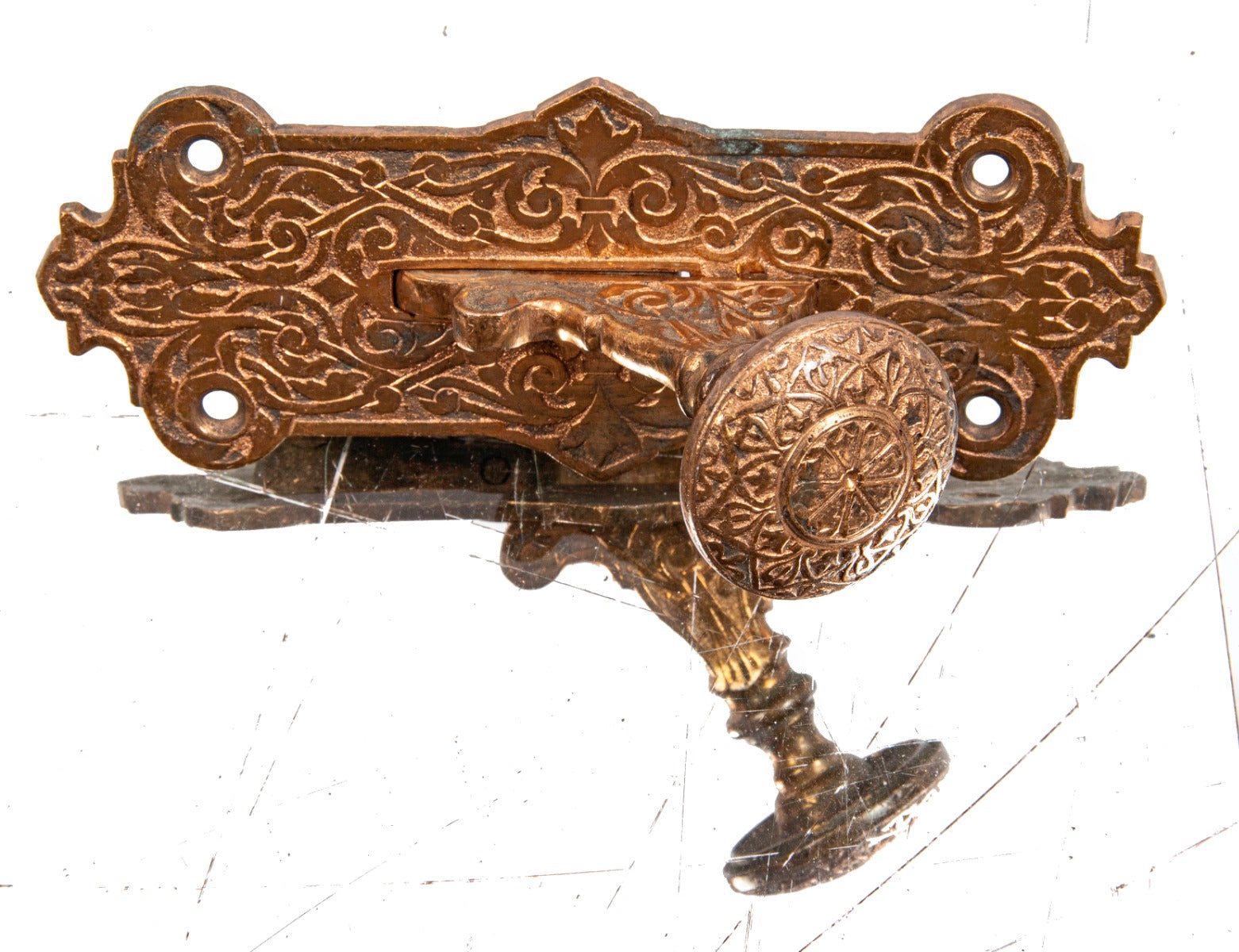 impressive 1870s ornamental cast bronze high victorian-era exterior residential doorbell pull lever with nicely aged patina