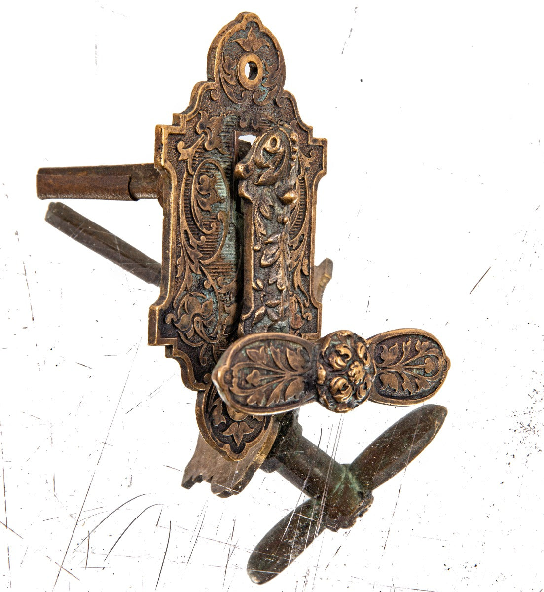 rare 1870s ornamental cast bronze exterior residential doorbell handle or t-lever with backplate likely fabricated by corbin