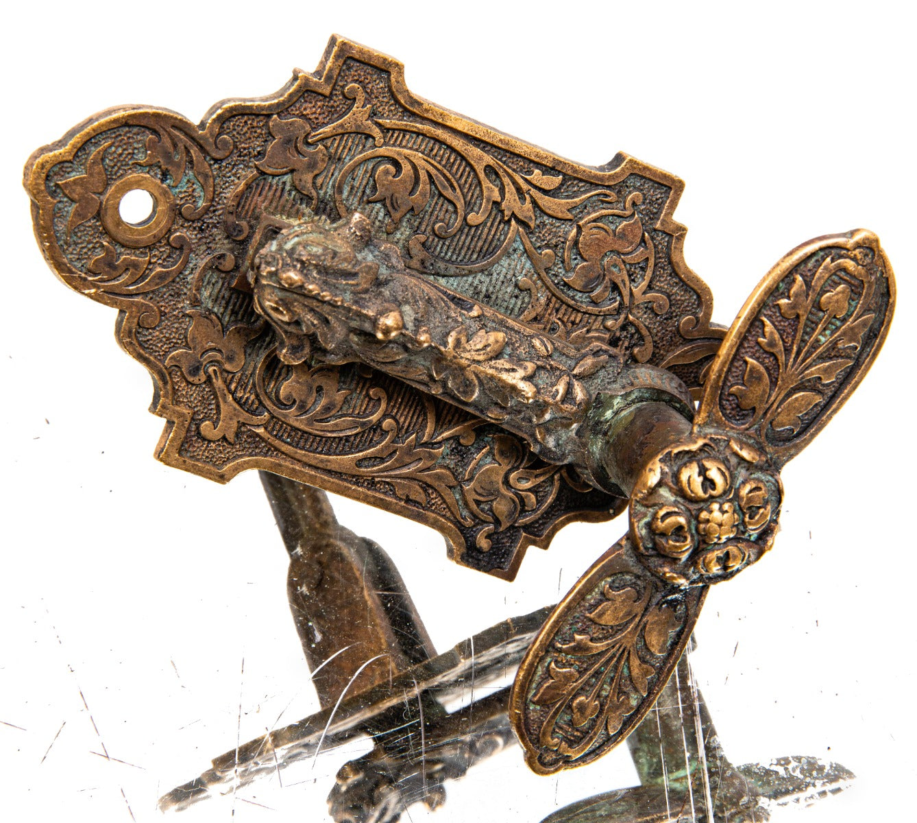 rare 1870s ornamental cast bronze exterior residential doorbell handle or t-lever with backplate likely fabricated by corbin