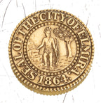 rare early 20th century "seal of the city of elmira" emblematic doorknob hardware model or pattern executed by p.f. corbin