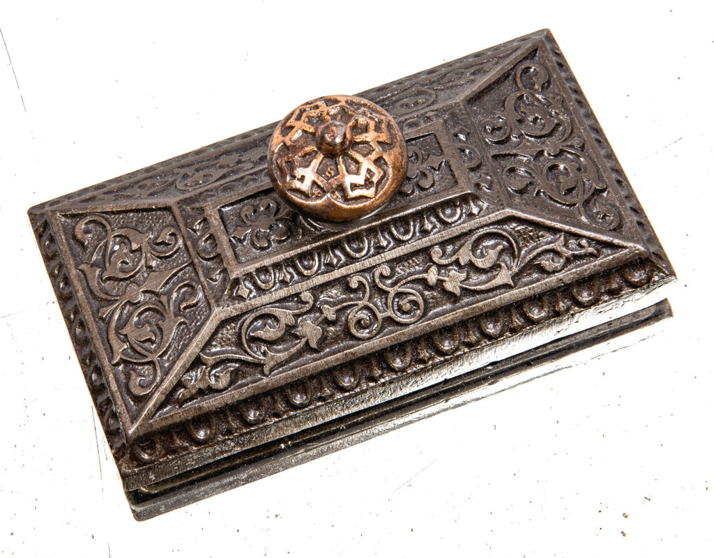 c. 1870's antique american ornamental cast iron pyramidal-shaped office desk paperweight with bronze knob or handle