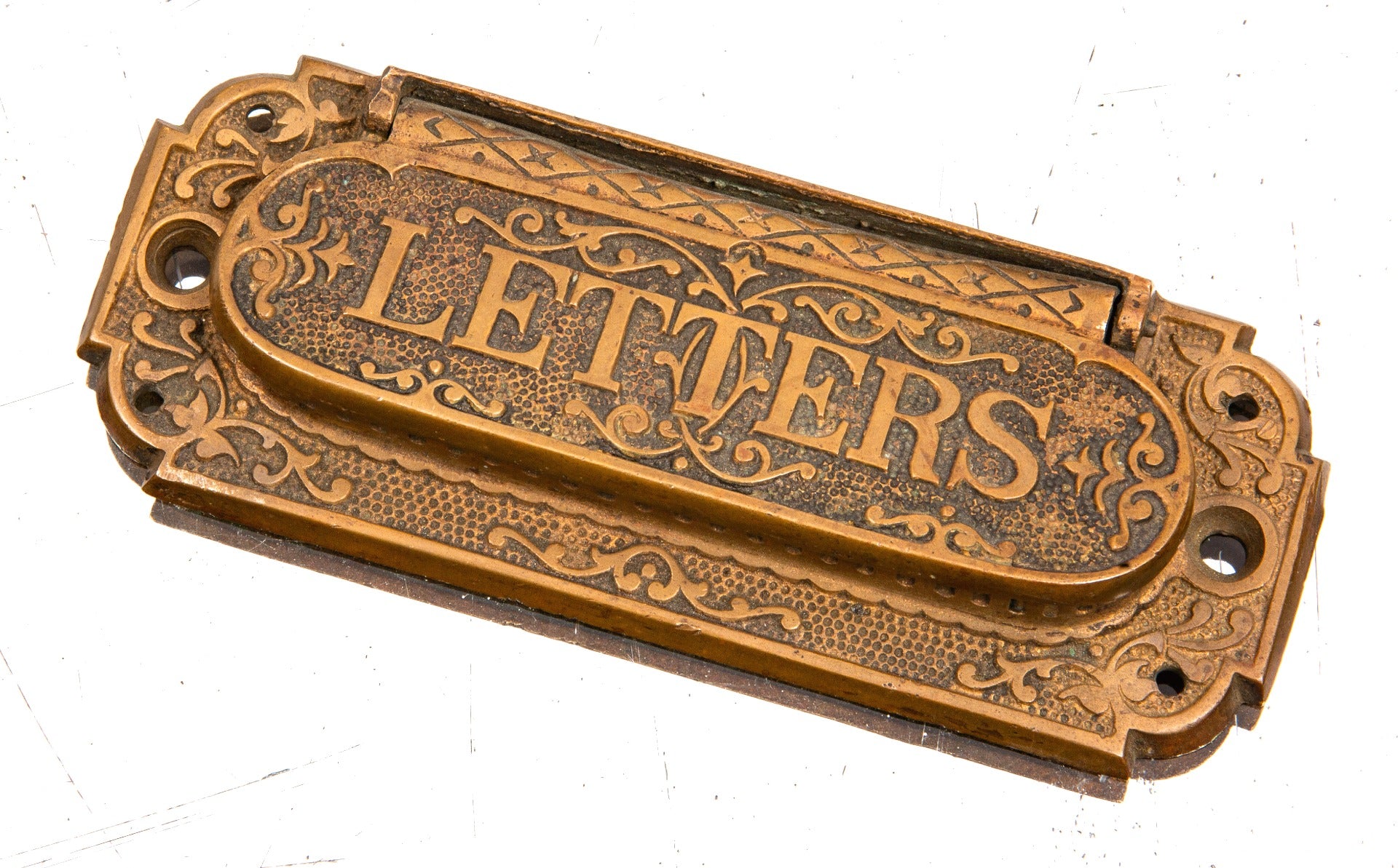 original 1870s high victorian ornamental cast bronze american residential entrance door "letters" mail slot