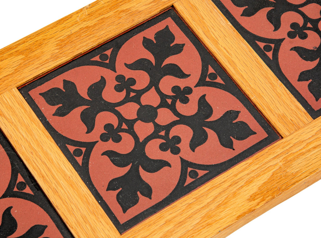 group of three vibrantly colored salvaged chicago minton china 6 x 6 inch tiles with custom oak wood frame