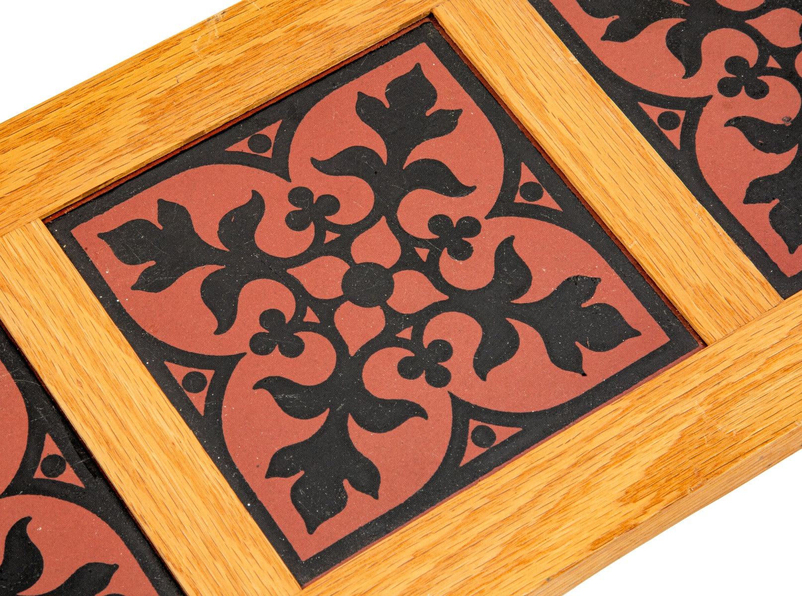 group of three vibrantly colored salvaged chicago minton china 6 x 6 inch tiles with custom oak wood frame