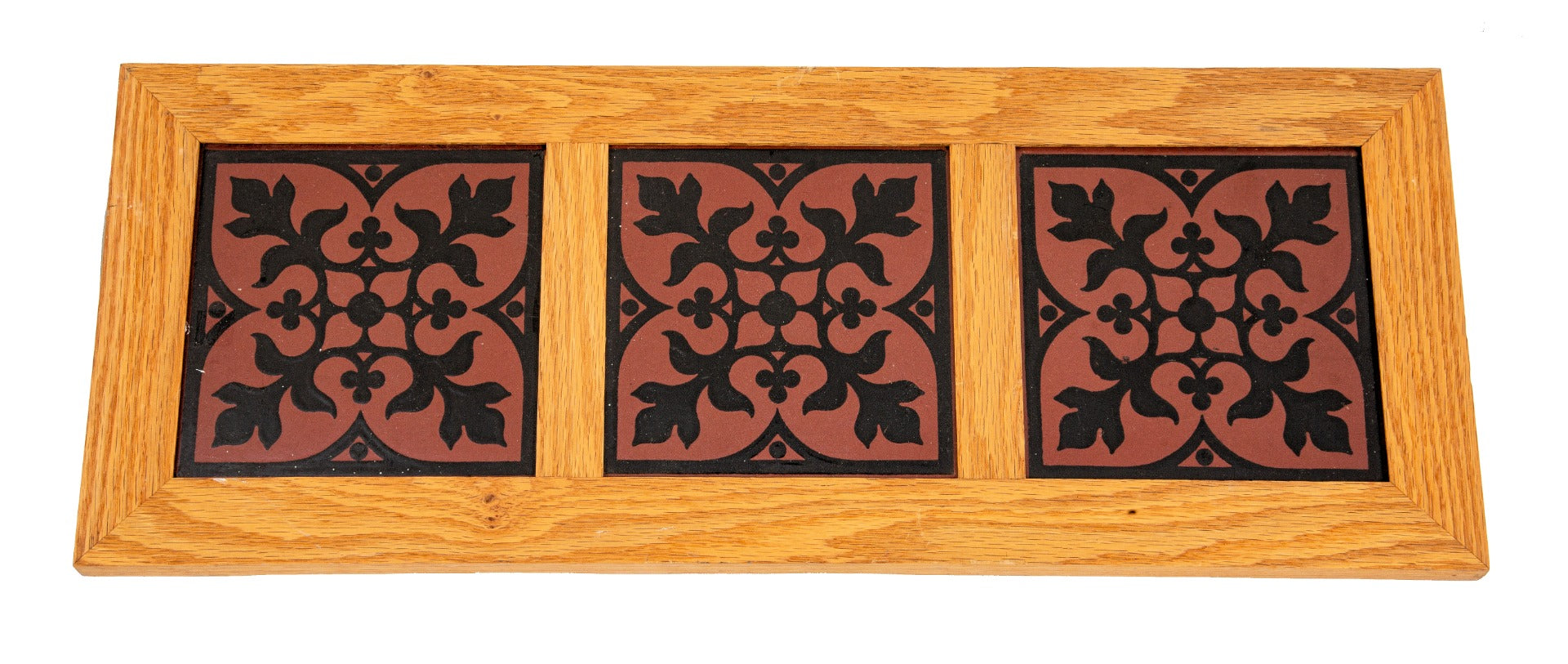 group of three vibrantly colored salvaged chicago minton china 6 x 6 inch tiles with custom oak wood frame