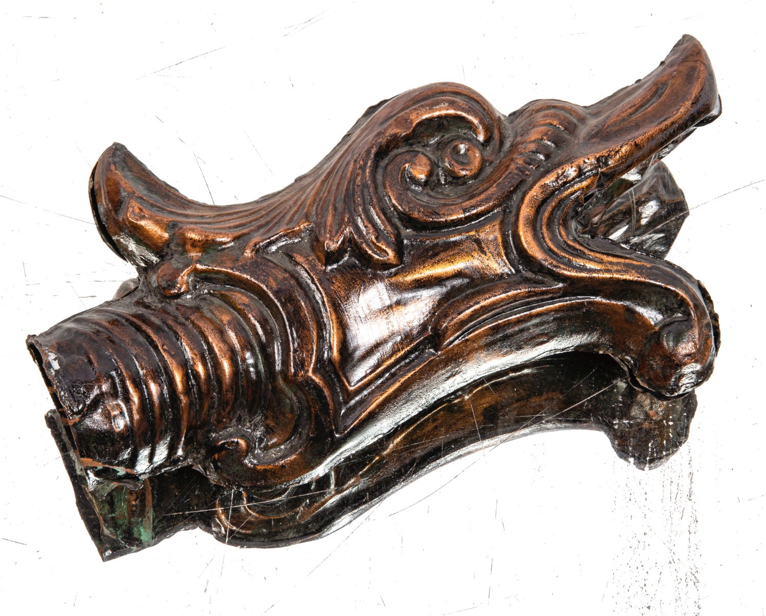 exceptional 19th or early 20th century stamped or pressed copper figural salvaged chicago friedley-voshardt gutter spout