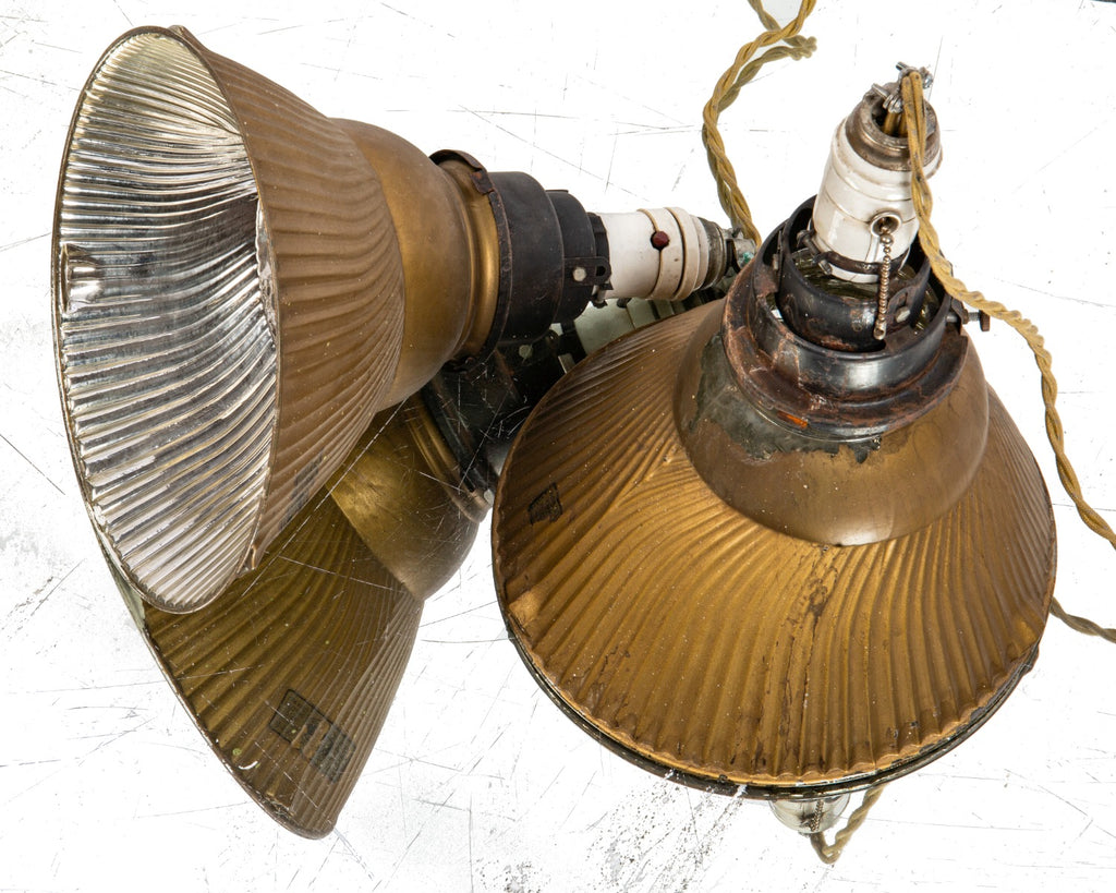 two matching early 20th century american industrial "model 530" silver glass "x-ray" pendant lights with braided cloth cord