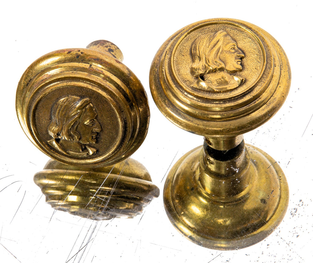 matching set of original early 20th century cast brass "christopher columbus" figural guest room hotel doorknobs