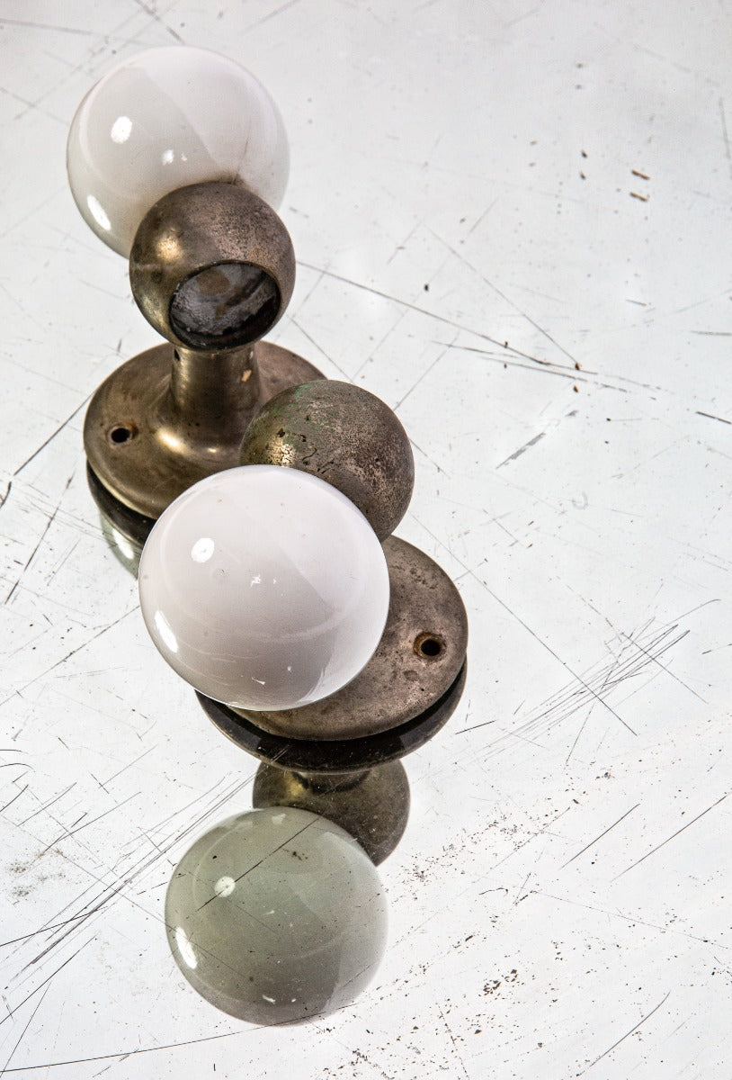 rare late 19th or early 20th century salvaged new york city mansion lavatory milk glass towel rod with unuusual ball finials