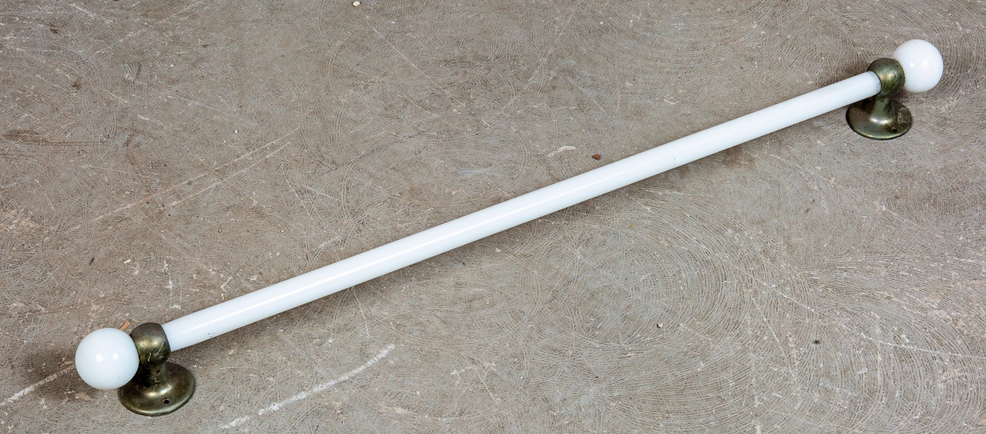 rare late 19th or early 20th century salvaged new york city mansion lavatory milk glass towel rod with unuusual ball finials