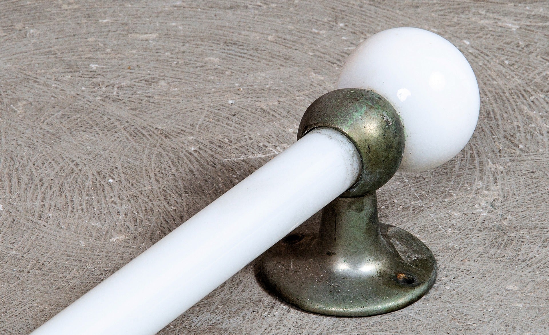 rare late 19th or early 20th century salvaged new york city mansion lavatory milk glass towel rod with unuusual ball finials