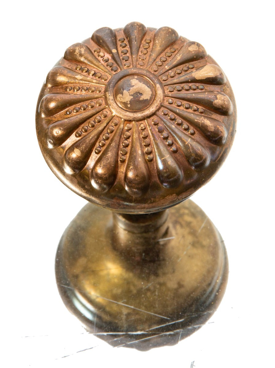 "normandie" or "dedham" pattern interior residential salvaged chicago cast brass doorknob with nicely aged patina