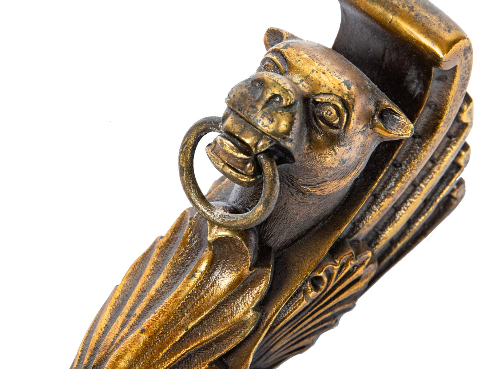 rare 1880s original salvaged chicago ornamental cast iron dawson brothers fireplace mantel figural bracket with original brass-plated finish