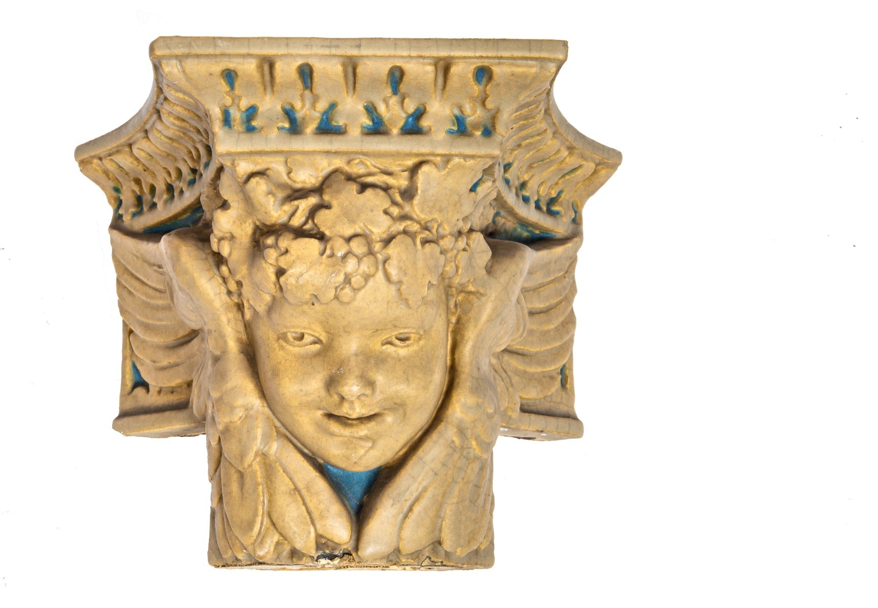 rare original early 20th century rookwood faience vellum-glazed winged cherub from la salle hotel wine room