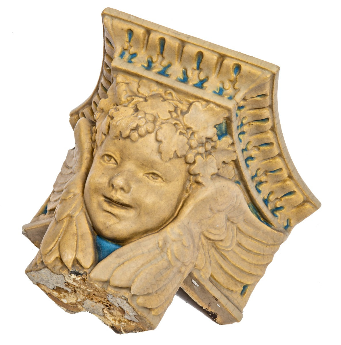 rare original early 20th century rookwood faience vellum-glazed winged cherub from la salle hotel wine room
