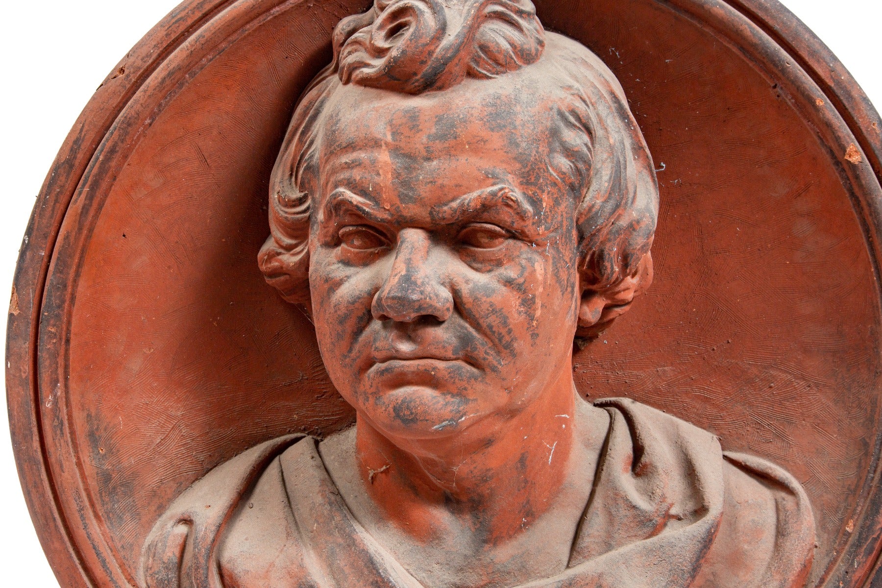 rare life-sized red glazed terra cotta rondel of stephen a. douglas salvaged from flanders and zimmerman chicago school