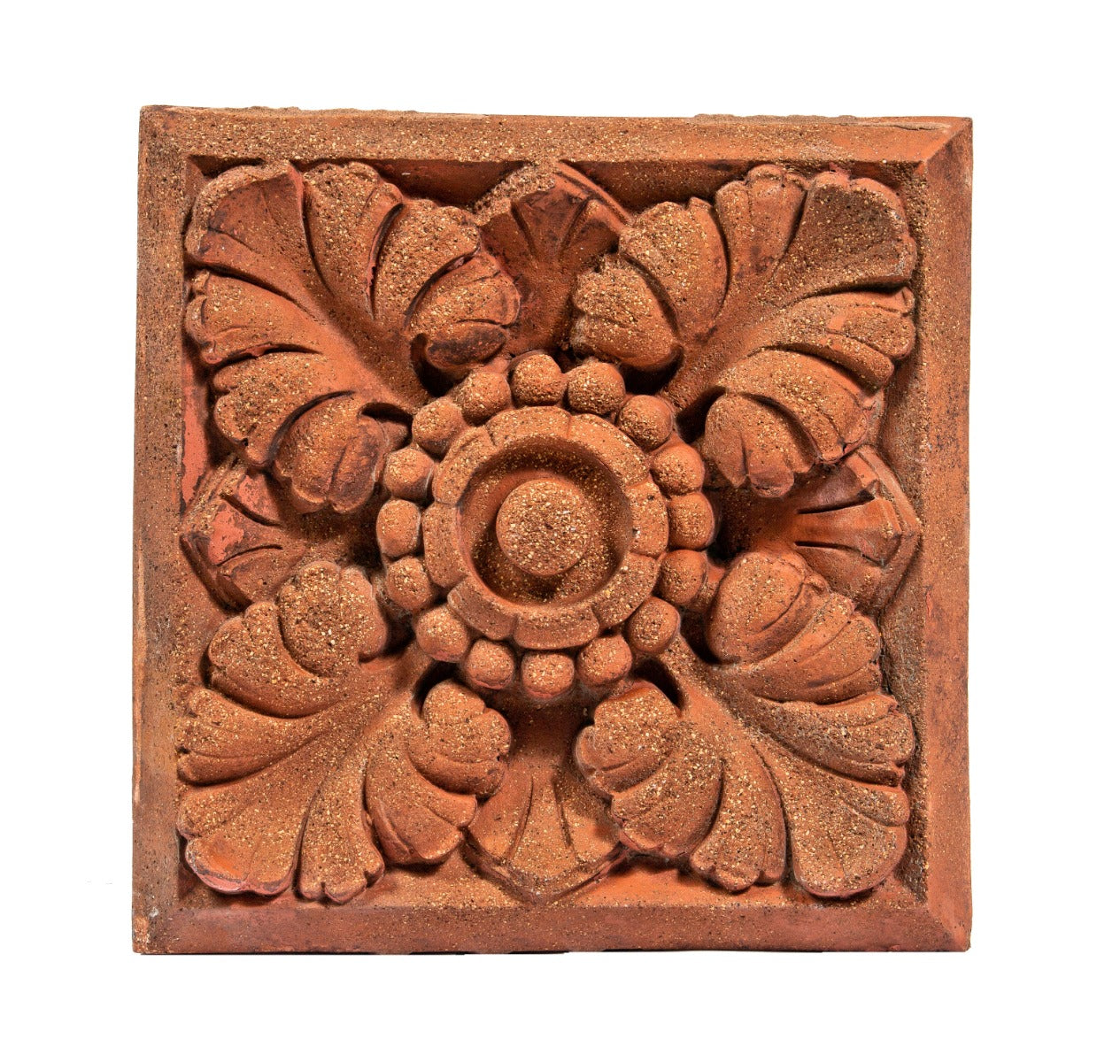 one of three matching 1880s early northwestern terra cotta commerical building "stock" panels with four-part leafage