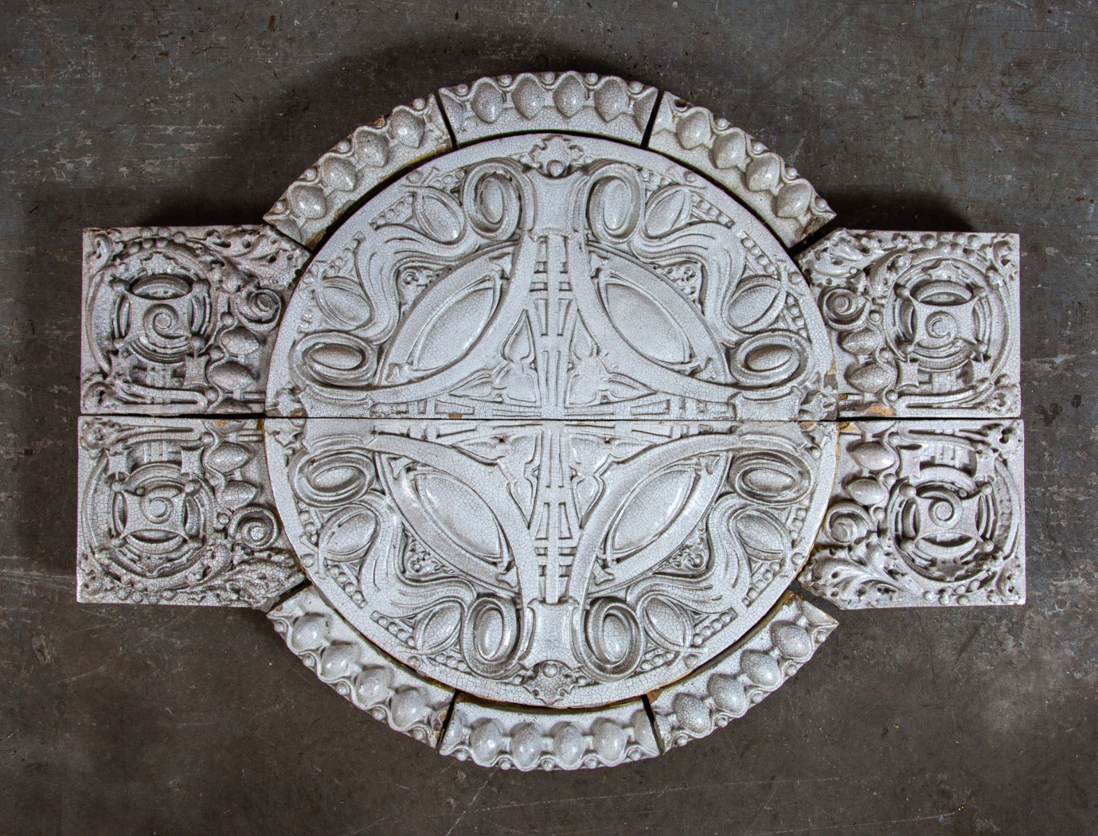 1920s original and intact white glazed sullivanesque style exterior chicago commerical building rondel assembly