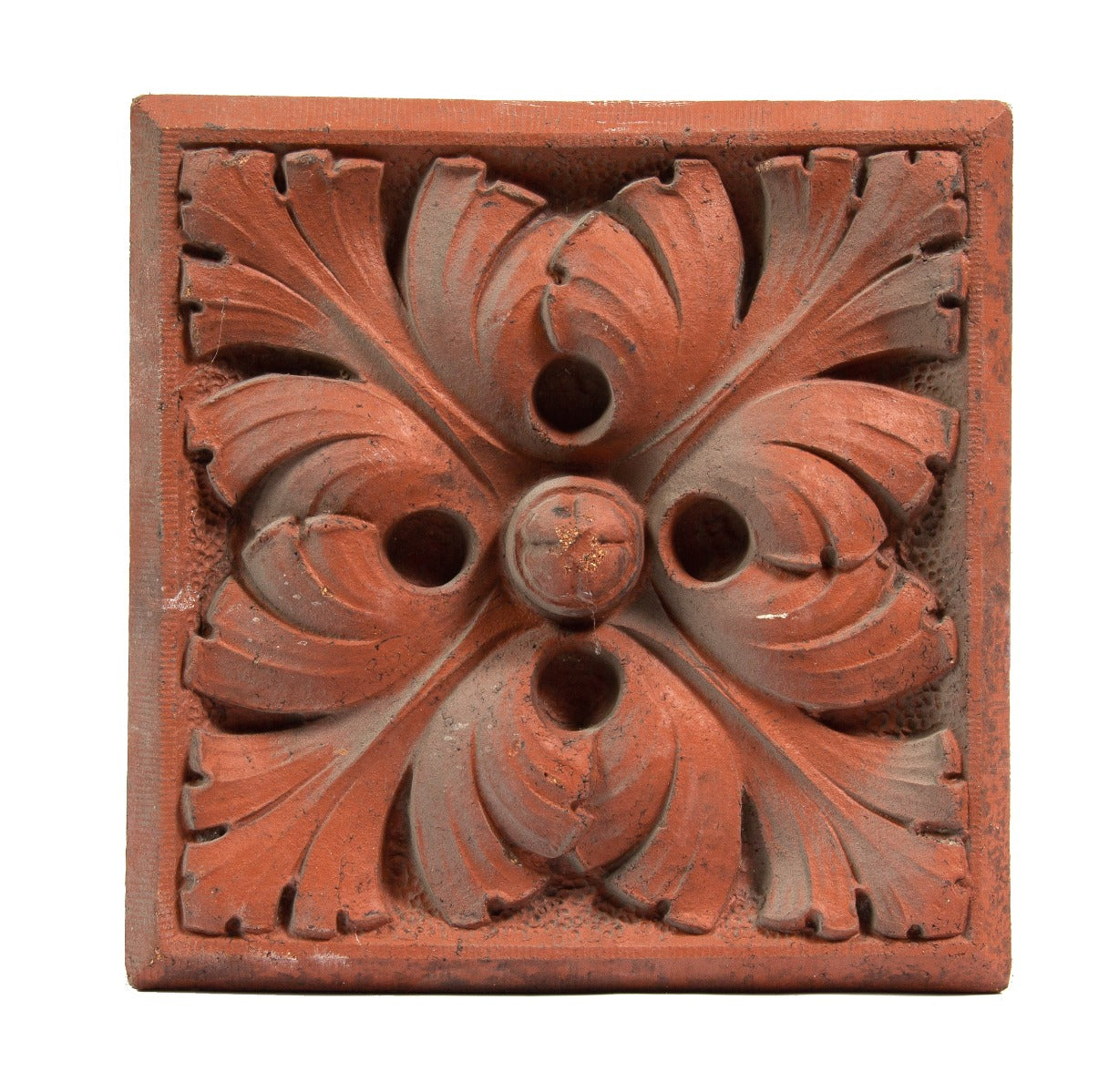 one of two original 1880's red slip glazed exterior terra cotta commerical building blocks with repeating floral motif