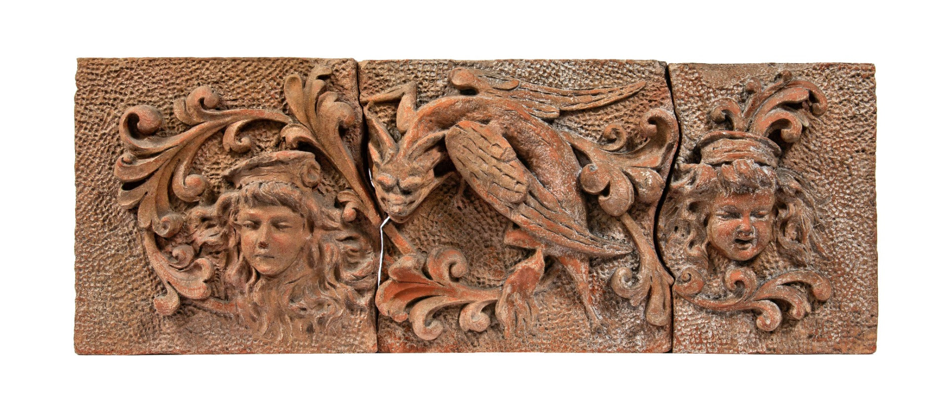 early 1880s three-piece salvaged chicago red glazed terra cotta frieze featurng centrally located winged dragon