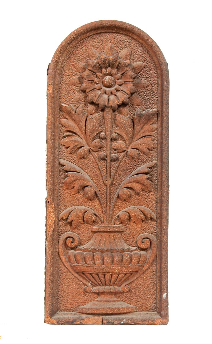 uniquely shaped early 1880s northwestern terra cotta "tombstone" commerical building ornament with floral motifs