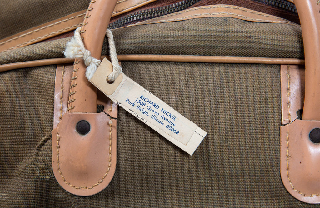 richard nickel's 1950s-1960s audio equipment carrying case with carefully labeled cables, microphones, and speaker