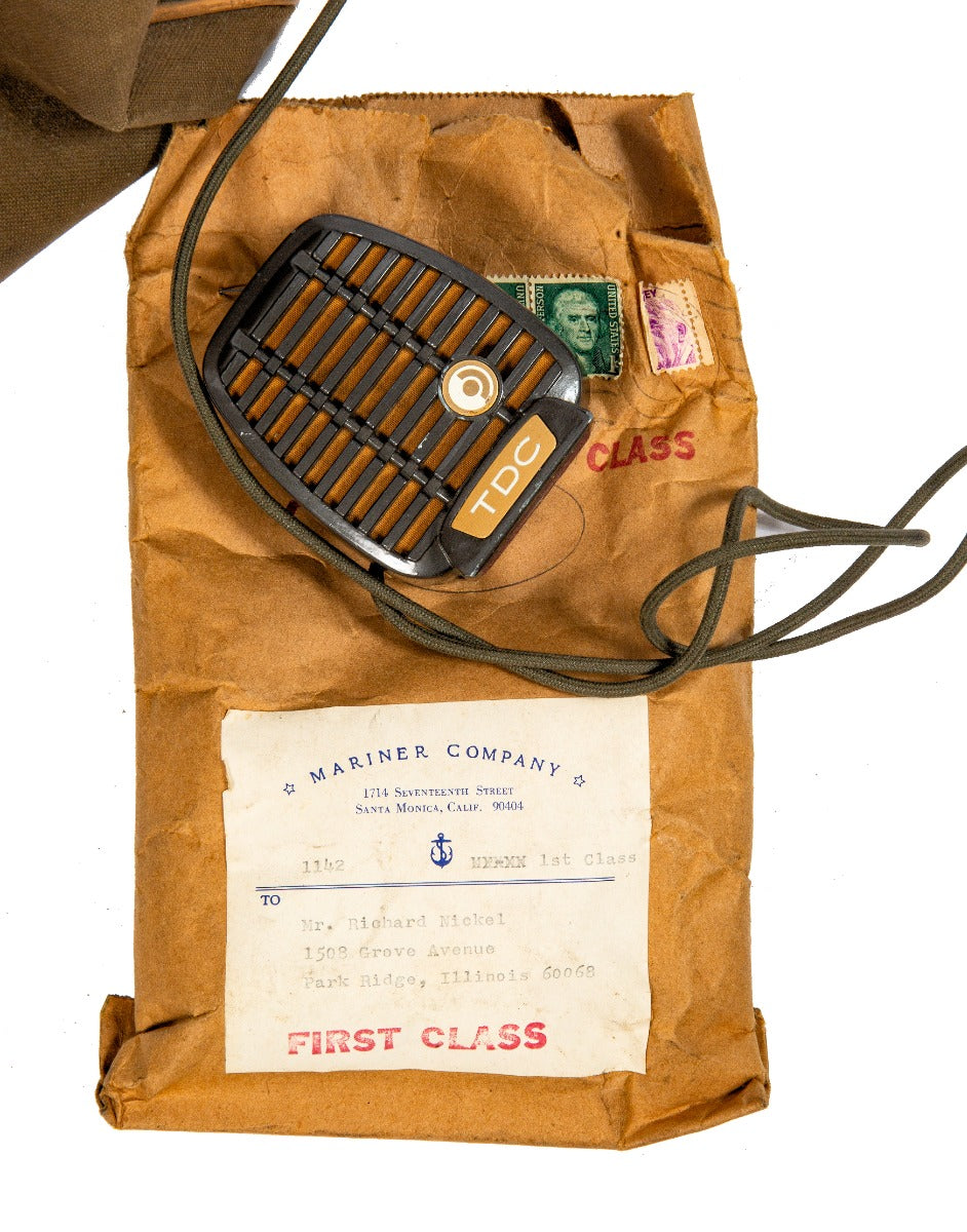 richard nickel's 1950s-1960s audio equipment carrying case with carefully labeled cables, microphones, and speaker