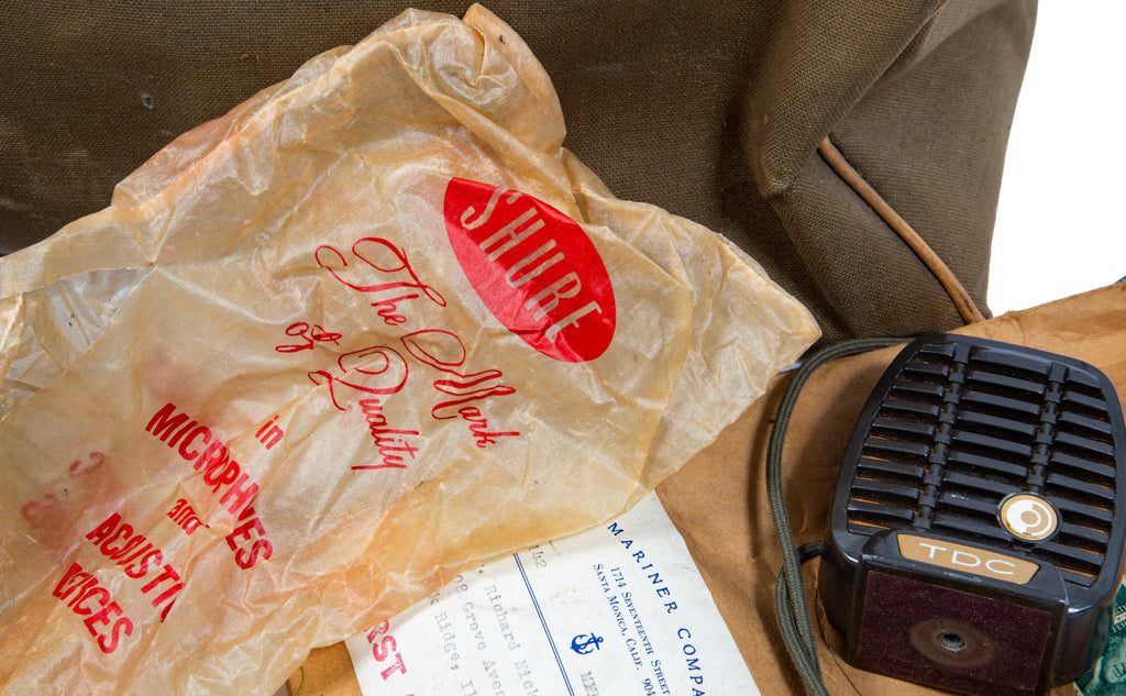 richard nickel's 1950s-1960s audio equipment carrying case with carefully labeled cables, microphones, and speaker