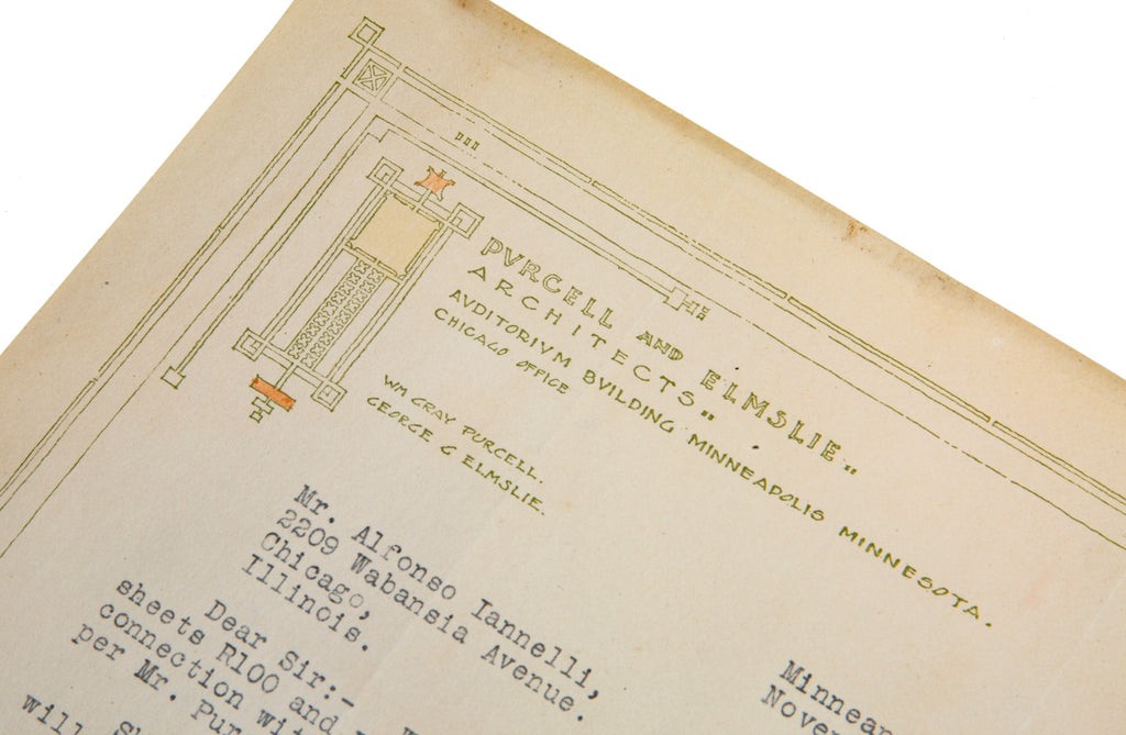 dated 1916 purcell and elmslie typed letter designed by george grant elmslie