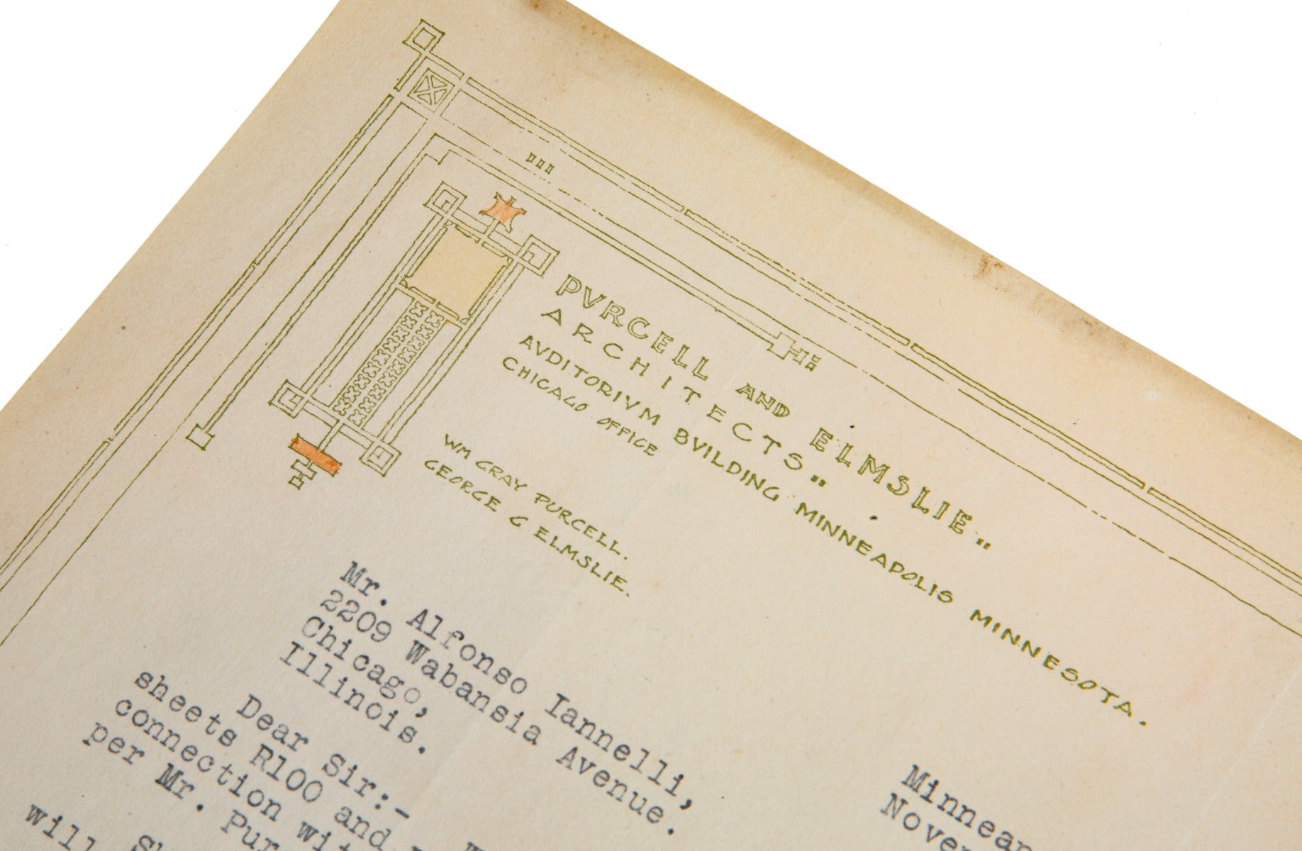 dated 1916 purcell and elmslie typed letter designed by george grant elmslie