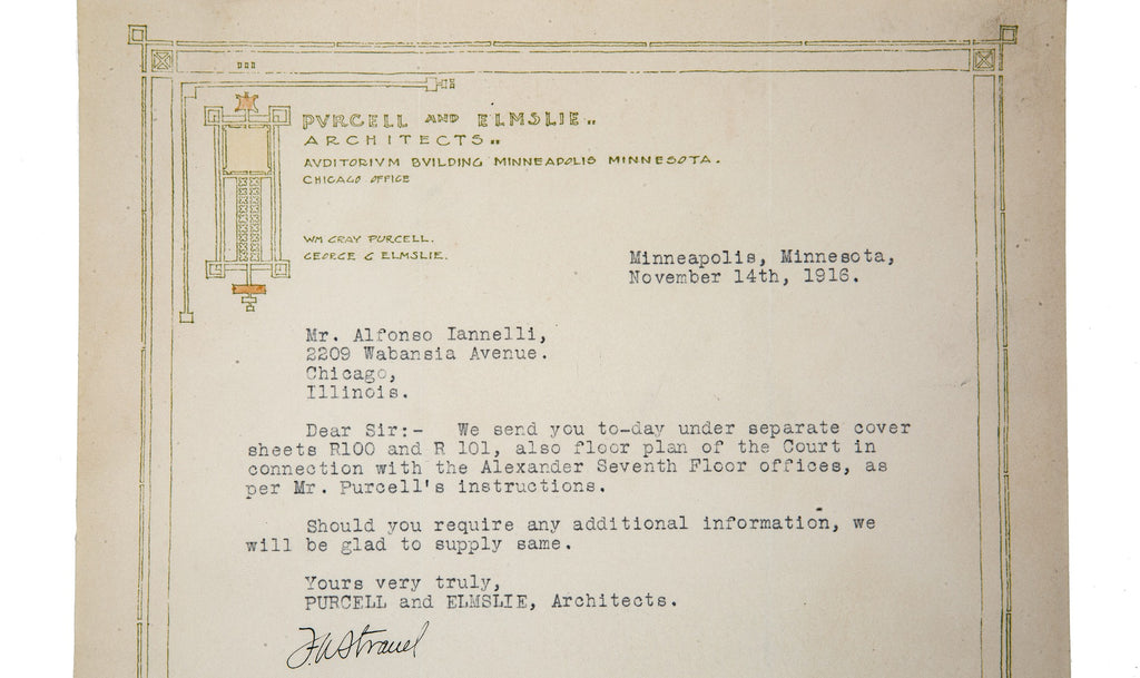 dated 1916 purcell and elmslie typed letter designed by george grant elmslie