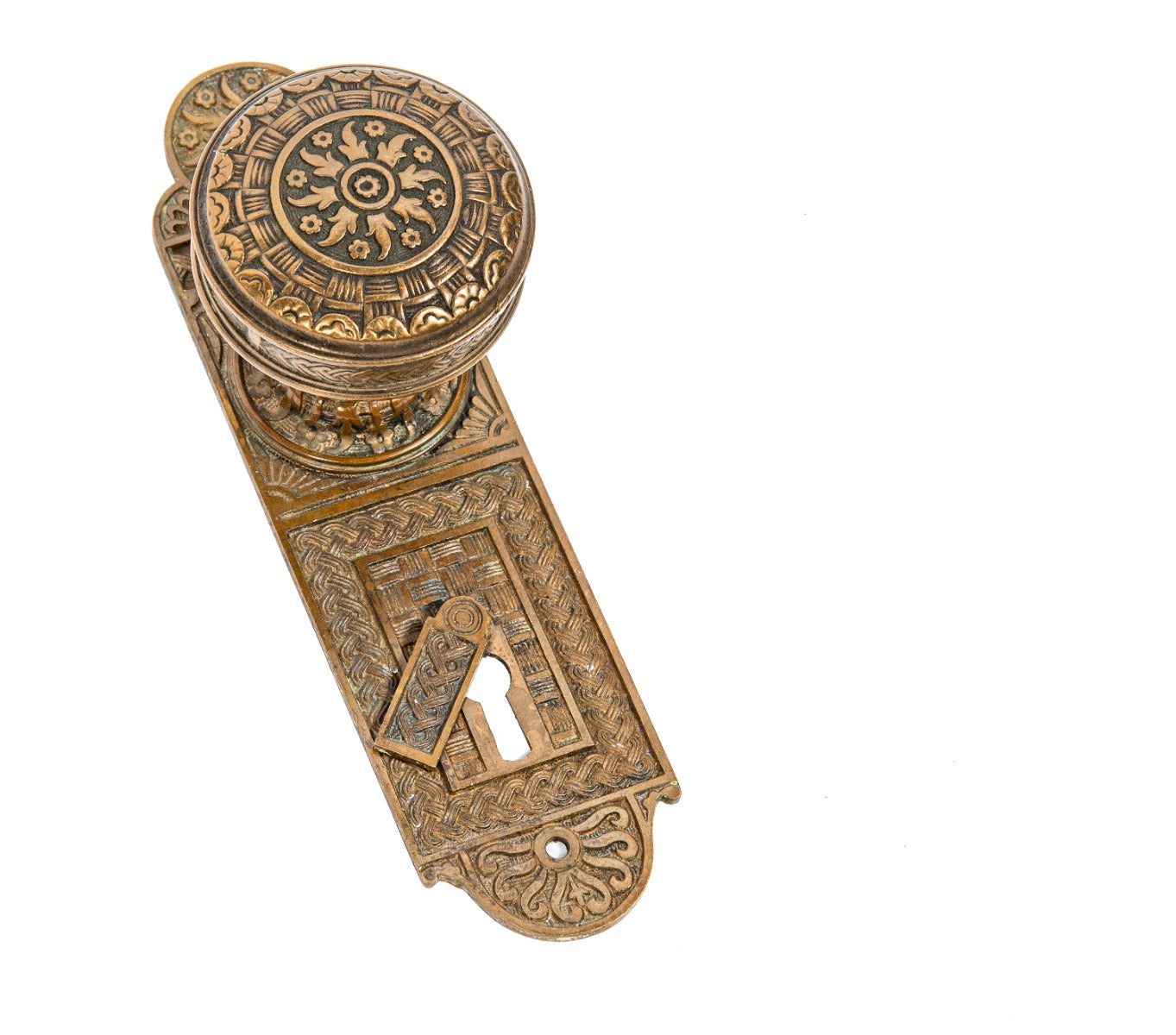 nicely aged original 1880s salvaged chicago ornamental cast bronze "basketweave" pattern doorknob and matching backplate