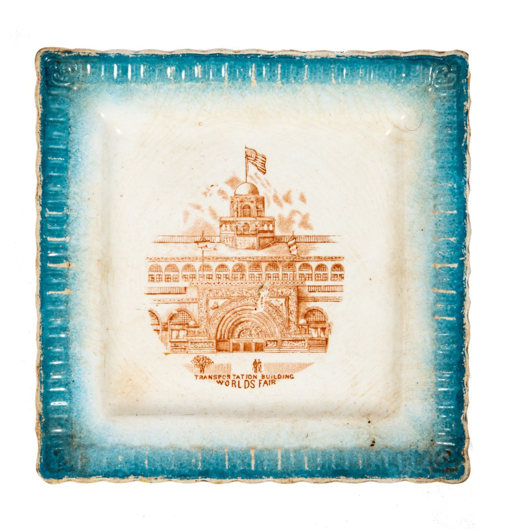original 19th century bridgewood & son porcelain opaque dish featuring adler & sullivan's transportation building