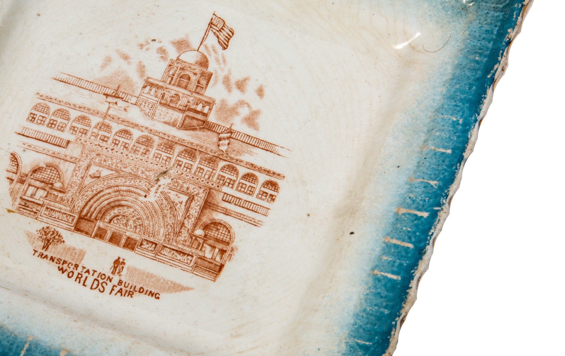 original 19th century bridgewood & son porcelain opaque dish featuring adler & sullivan's transportation building