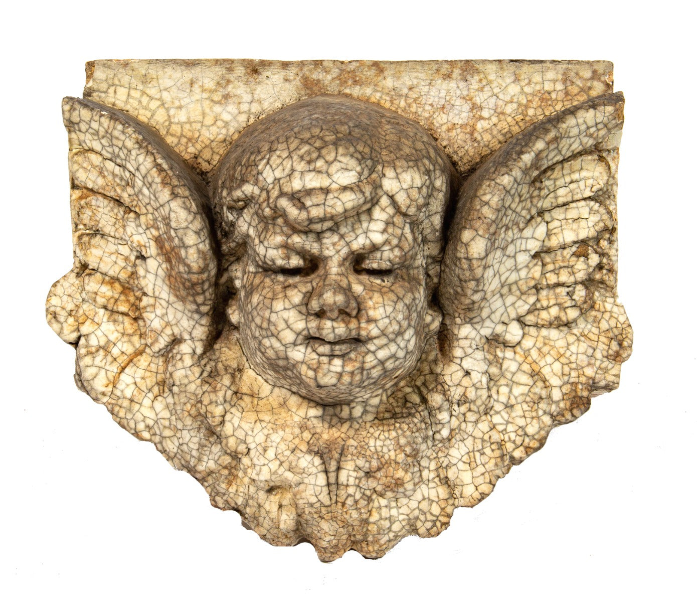 original 1920s diminutive cream-colored glazed terra cotta winged cherub salvaged from a chicago theater