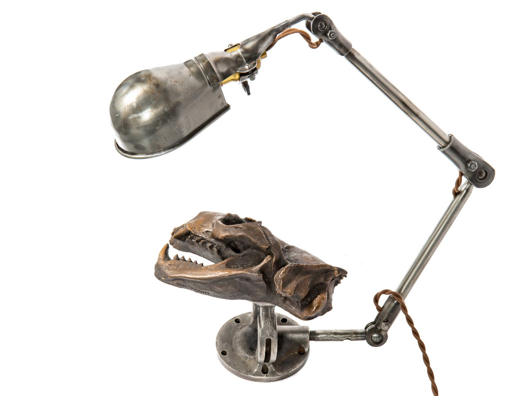 refinished and rewired articulating ball-joint adjustable lamp with cast iron bonnet base for display