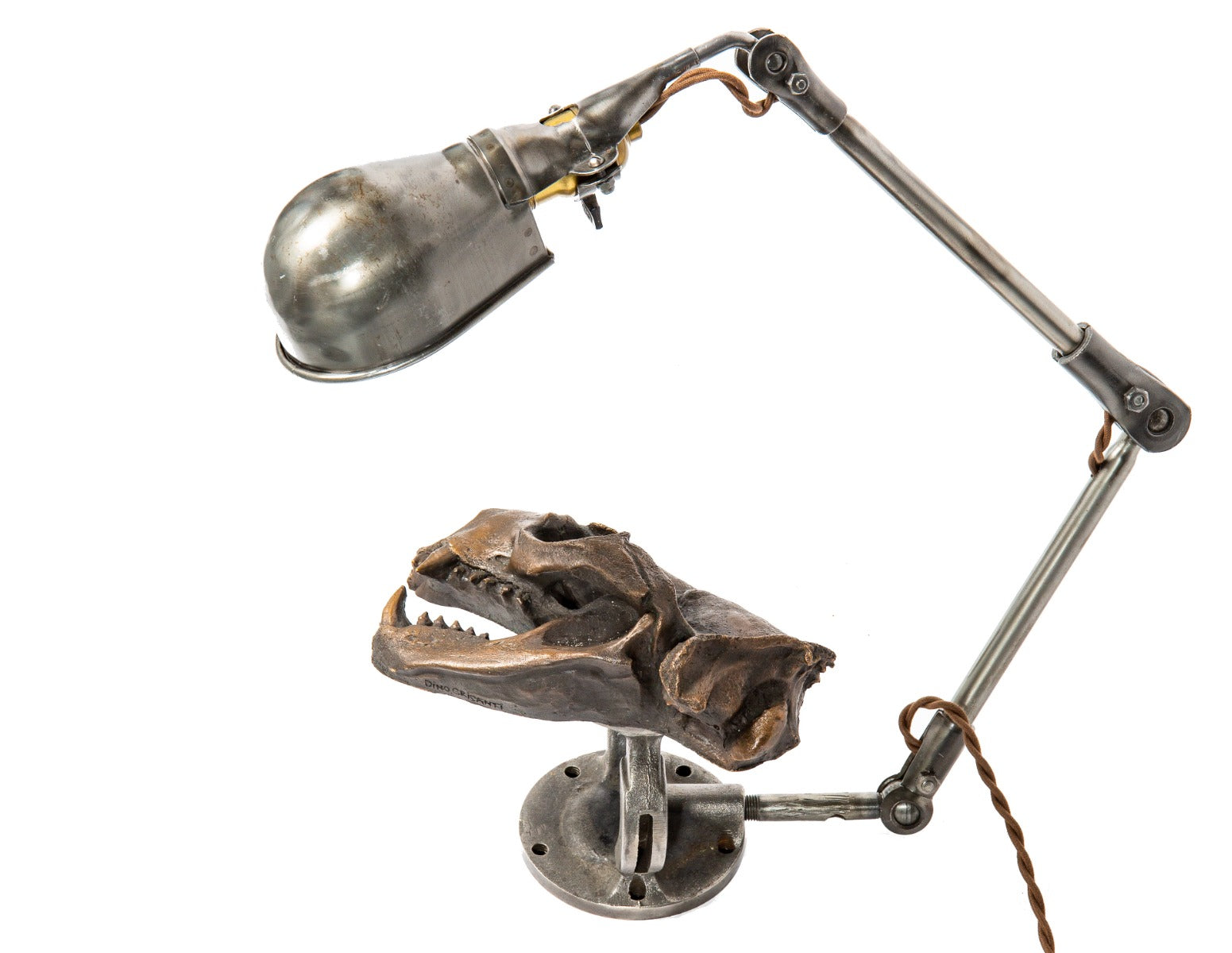 refinished and rewired articulating ball-joint adjustable lamp with cast iron bonnet base for display